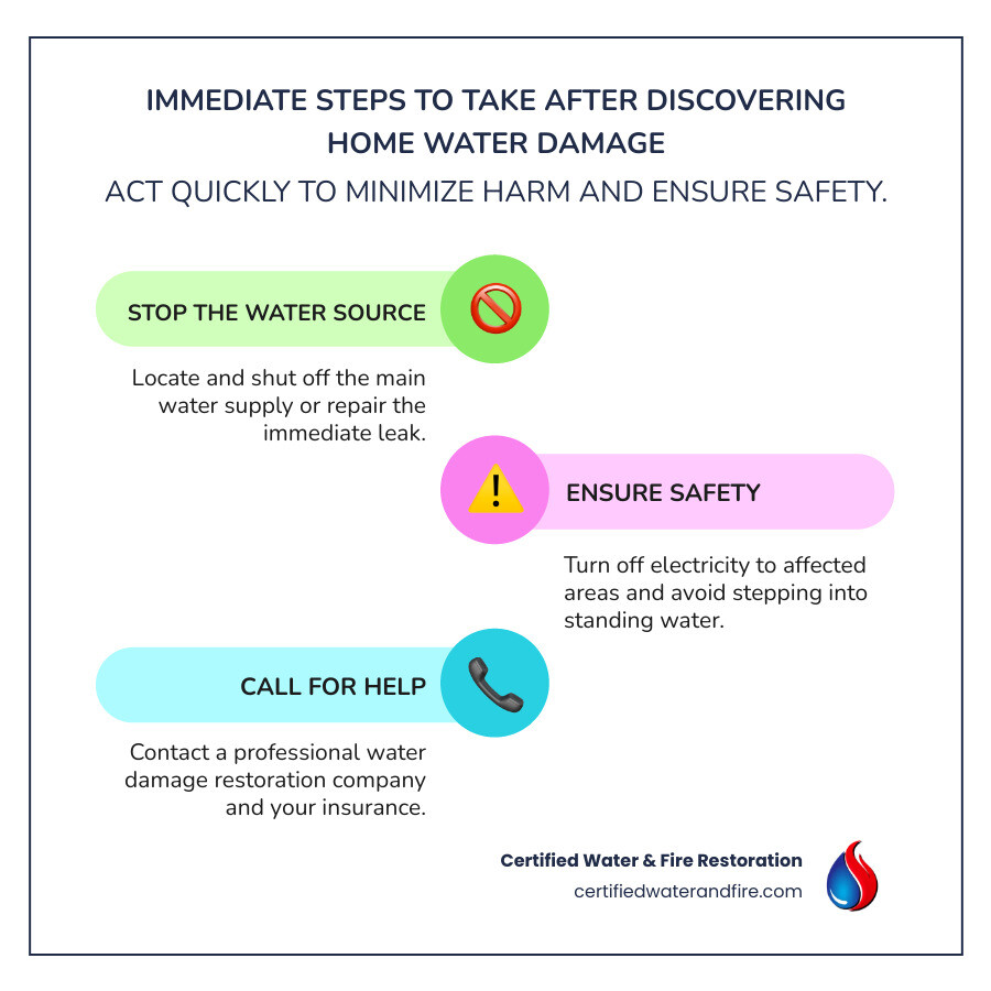 Infographic detailing the immediate steps to take after finding home water damage: 1. Stop the Water Source, 2. Prioritize Safety (e.g., turn off electricity), 3. Call for Professional Help - Home water damage infographic infographic-line-3-steps-colors