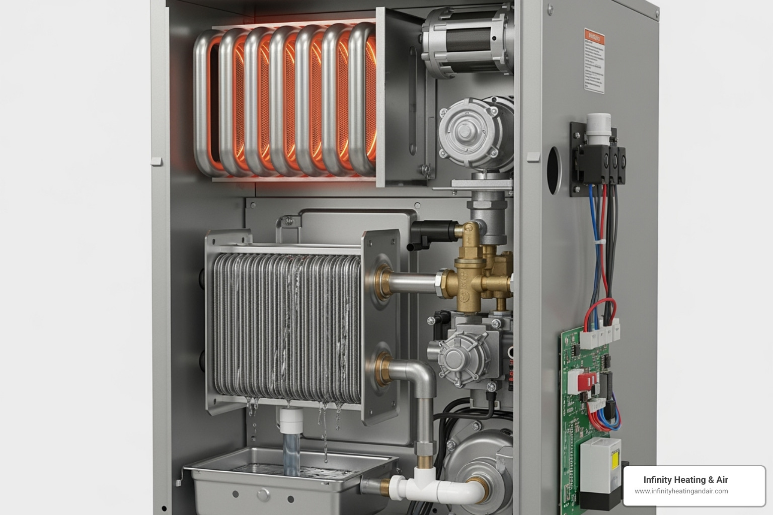 Internal components of a high-efficiency furnace, highlighting the two heat exchangers - High efficiency furnace