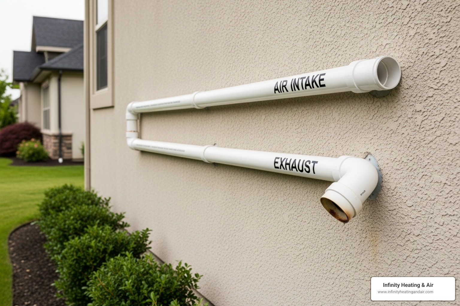 Sealed combustion system showing intake and exhaust pipes going through an exterior wall - High efficiency furnace