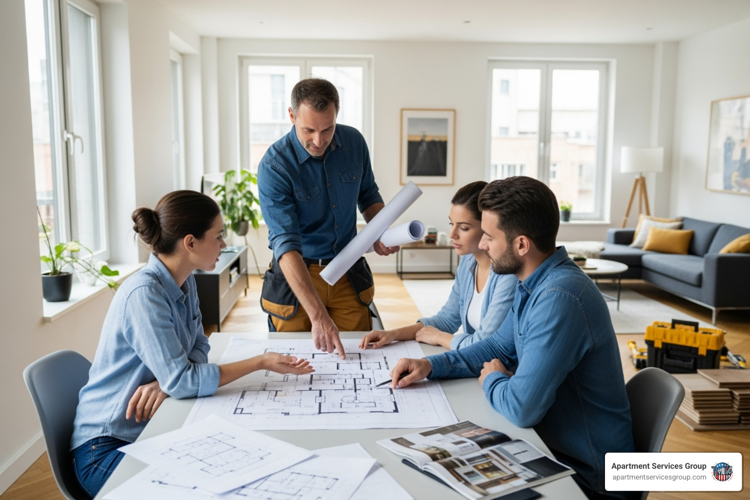 Contractor consulting with a client in an apartment - apartment renovation companies Contractor consulting with a client in an apartment - apartment renovation companies