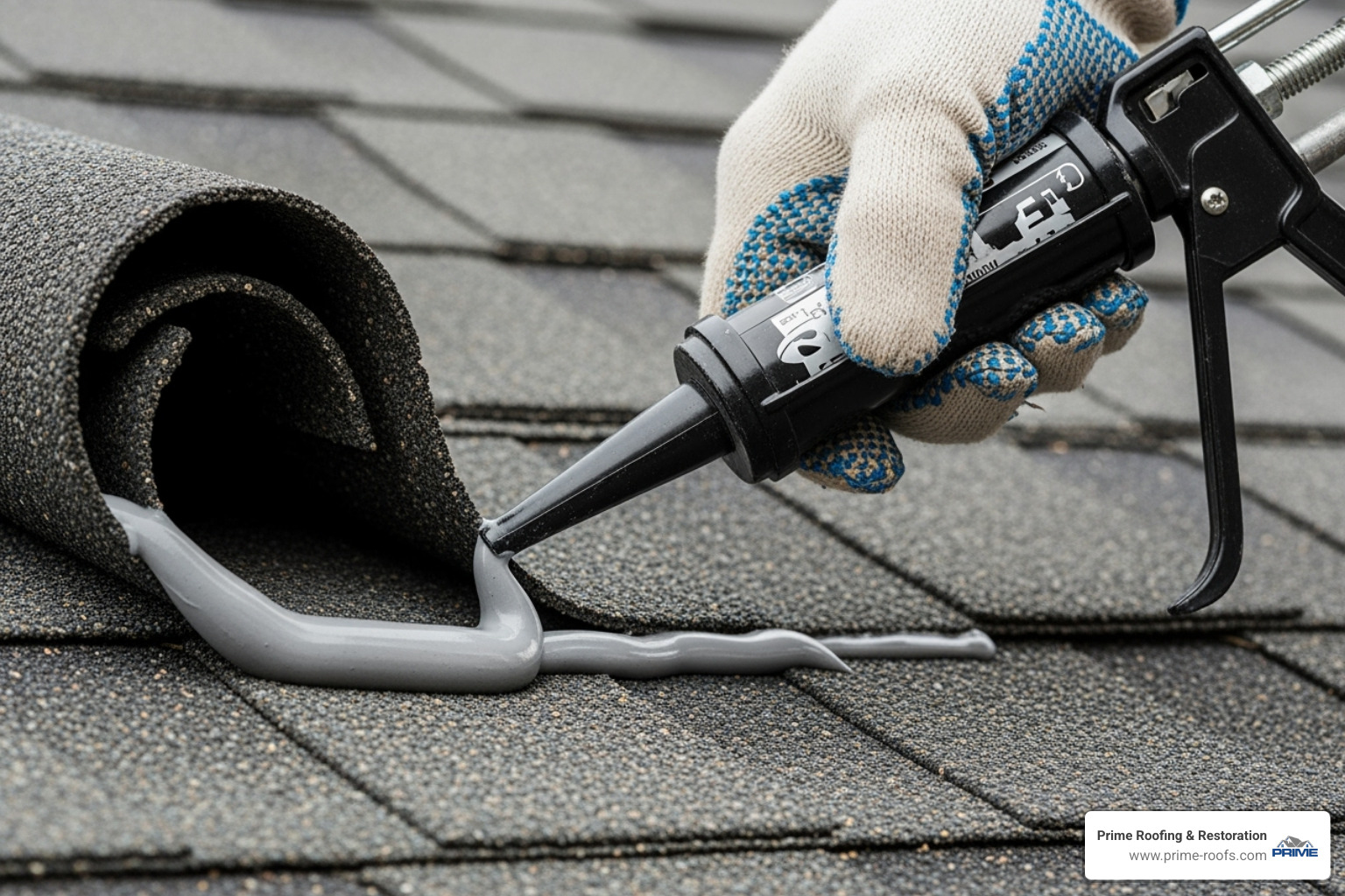 roofing cement being applied under a curled shingle - Asphalt shingle repair