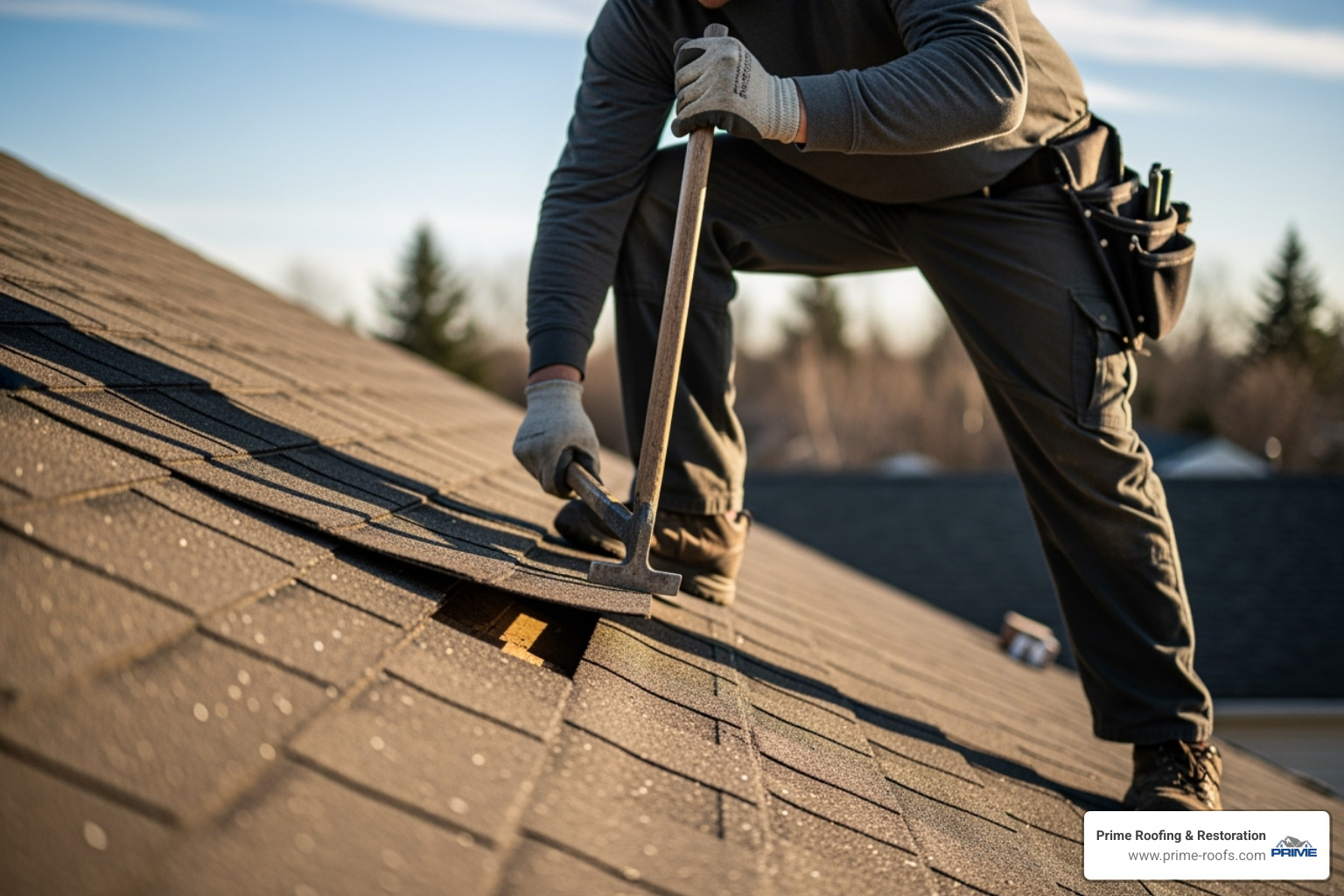 person using pry bar to gently lift shingle - Asphalt shingle repair