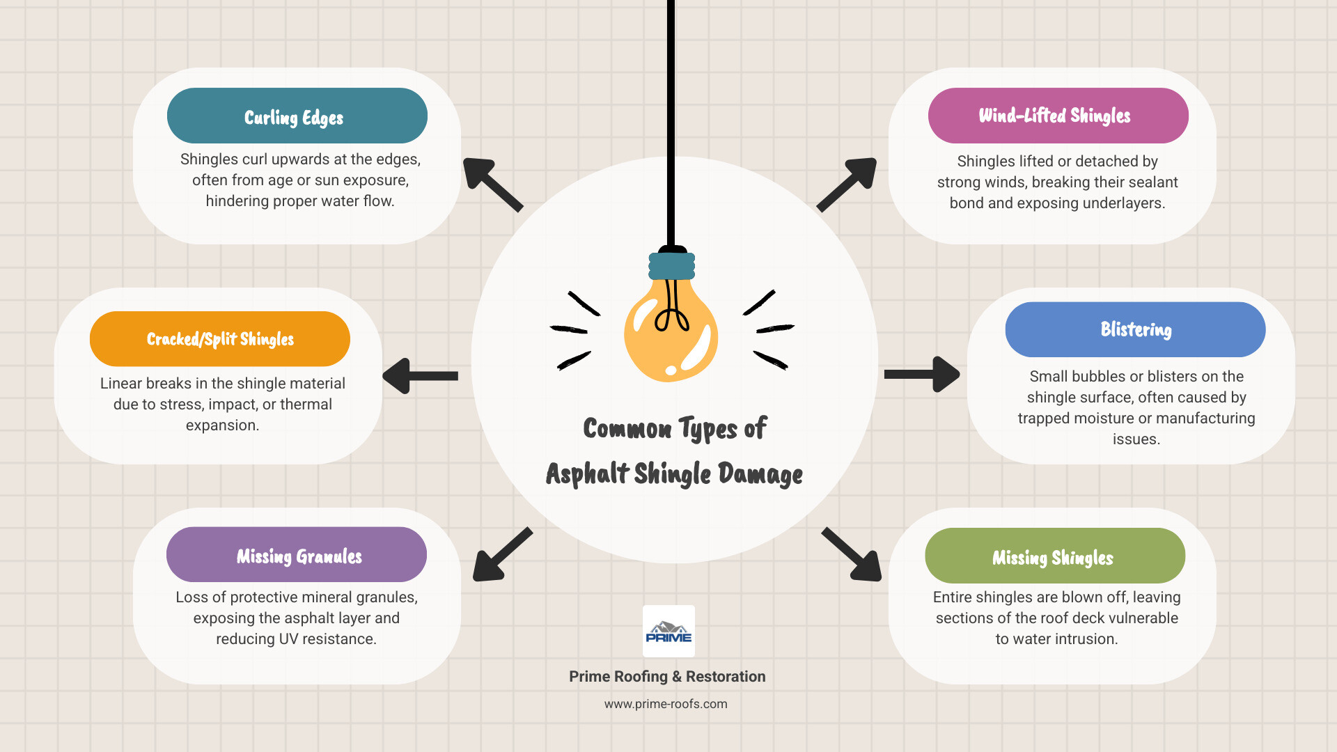 Common types of asphalt shingle damage including curling edges, cracked or split shingles, missing granules creating bald spots, wind-lifted shingles, blistering from trapped moisture, and completely missing shingles with step-by-step visual repair process - Asphalt shingle repair infographic brainstorm-6-items
