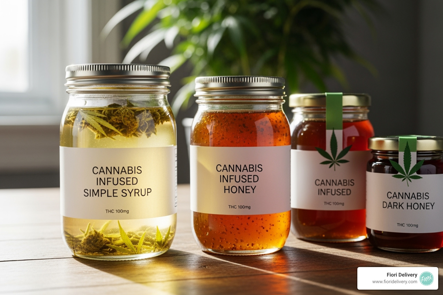 glass jars containing cannabis-infused simple syrup and honey