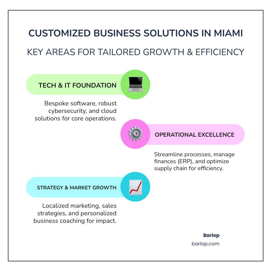 Infographic showing the range of customized business solutions available in Miami, including IT, software, coaching, marketing, and operational consulting - customized business solutions in miami infographic infographic-line-3-steps-colors
