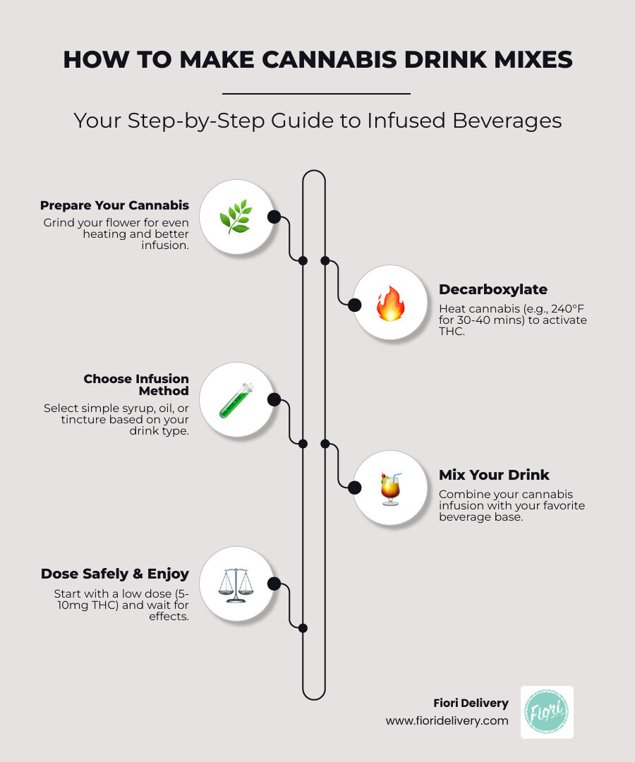 Infographic: Steps to making cannabis drink mixes at home, including decarboxylation, choosing an infusion method (tinctures, oils, syrups), and mixing into beverages, with a focus on safe consumption practices.
