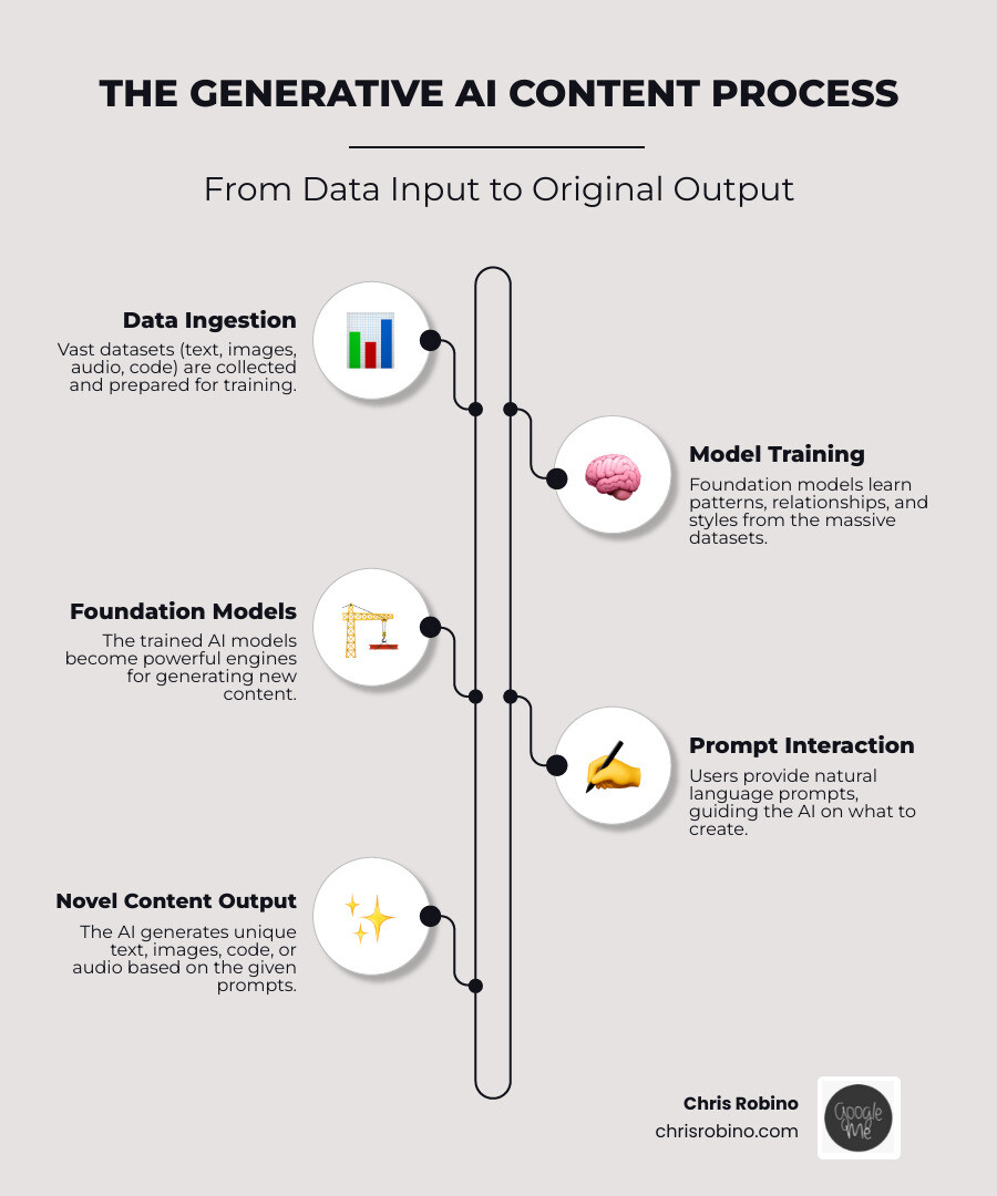 Infographic showing the generative AI process: data input and training phase feeding into foundation models, which then generate novel text, images, code and audio outputs through prompt-based interactions - Generative AI content infographic infographic-line-5-steps-neat_beige