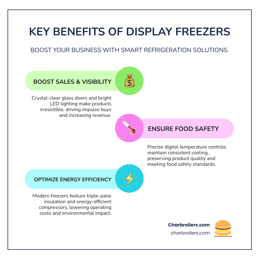 Infographic showing the key benefits of commercial display freezers including increased impulse sales through product visibility, energy-efficient LED lighting that improves product appeal, temperature control features that maintain food safety standards, and various size options from countertop units to large island freezers suitable for different business types - display freezer for sale infographic infographic-line-3-steps-colors Infographic showing the key benefits of commercial display freezers including increased impulse sales through product visibility, energy-efficient LED lighting that improves product appeal, temperature control features that maintain food safety standards, and various size options from countertop units to large island freezers suitable for different business types - display freezer for sale infographic infographic-line-3-steps-colors