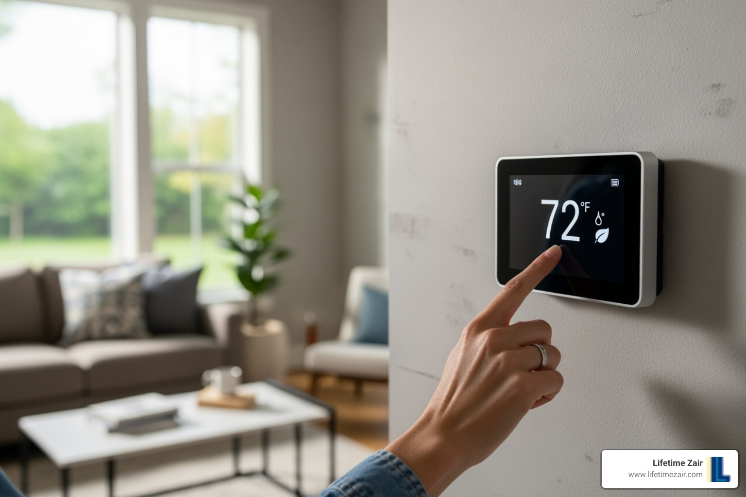 homeowner adjusting smart thermostat - AC unit upgrade