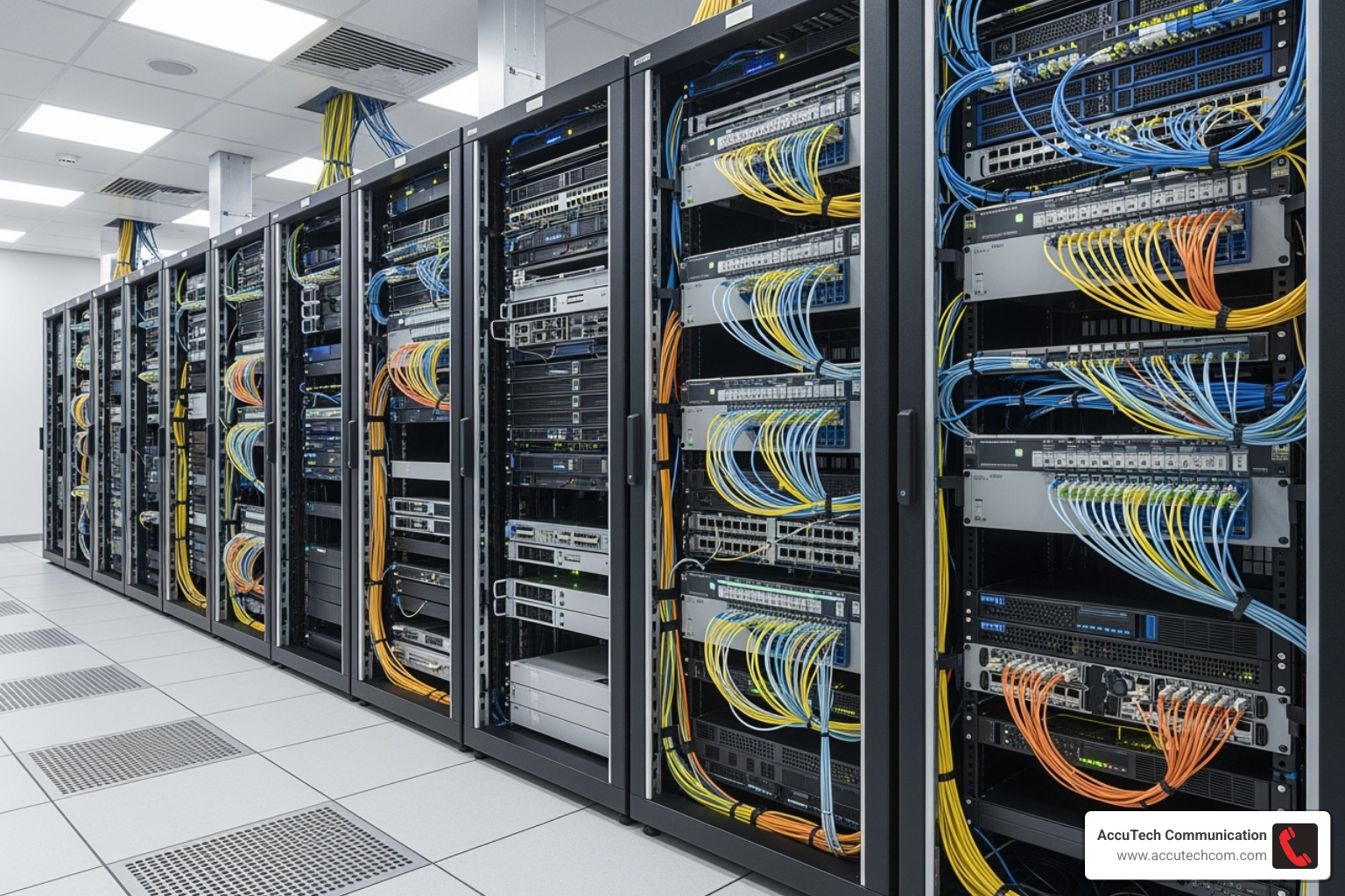 network server room with neatly organized fiber optic patch panels - fibre optic cable laying contractors