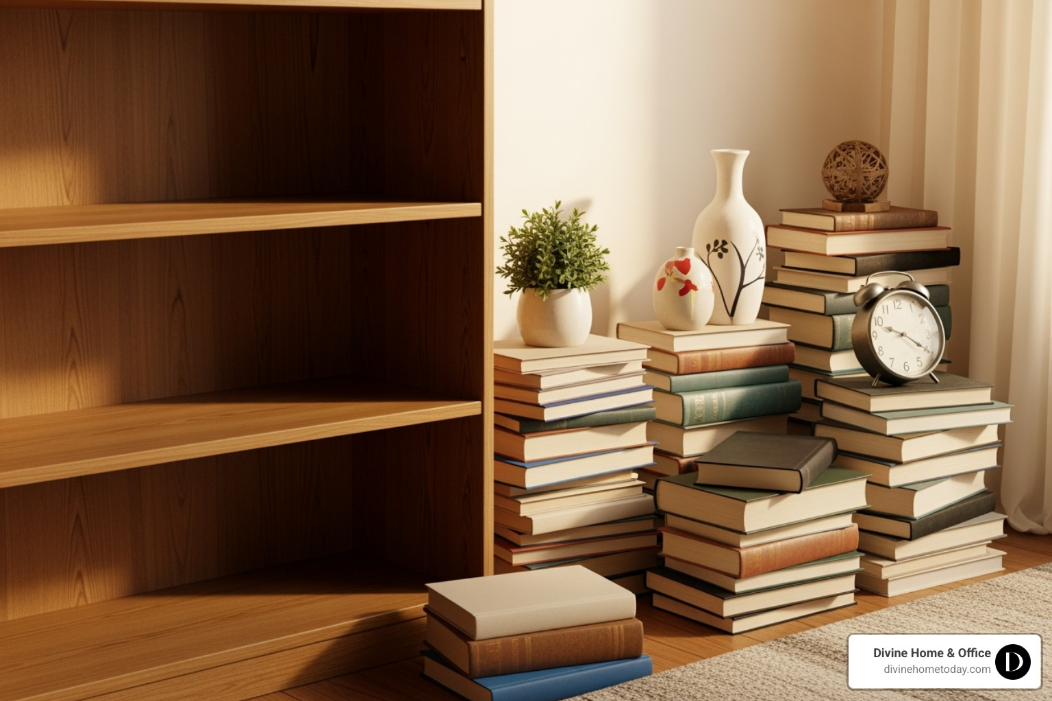 an empty bookshelf next to a pile of books and decor items - Bookshelf styling tips