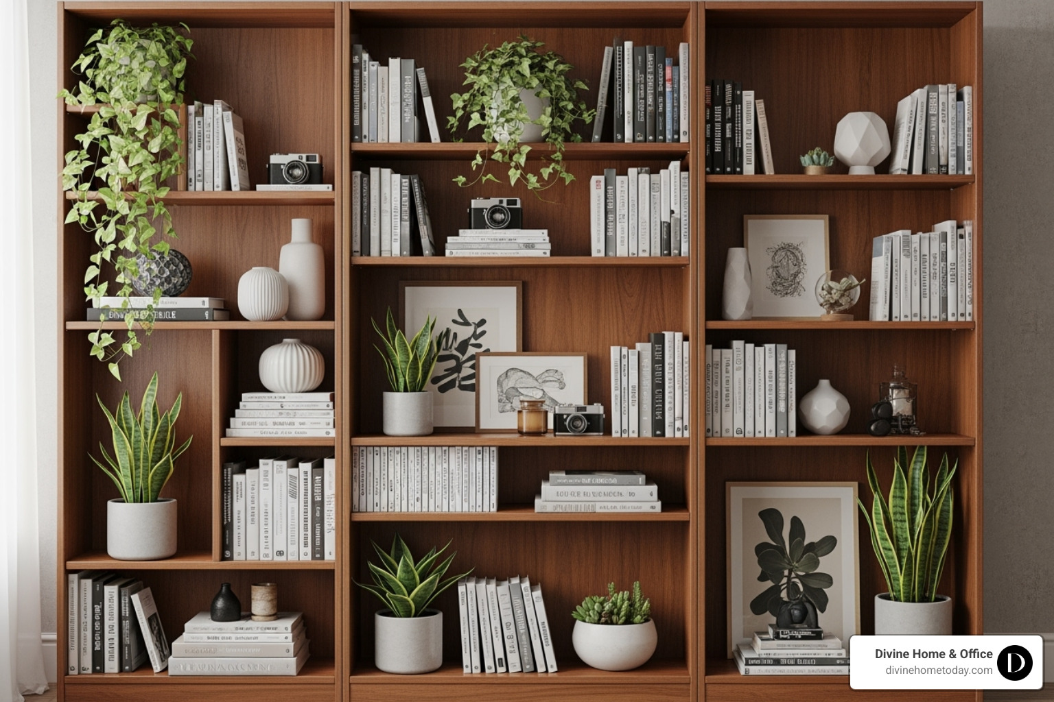 a full bookcase unit showing a cohesive, balanced design across all shelves - Bookshelf styling tips