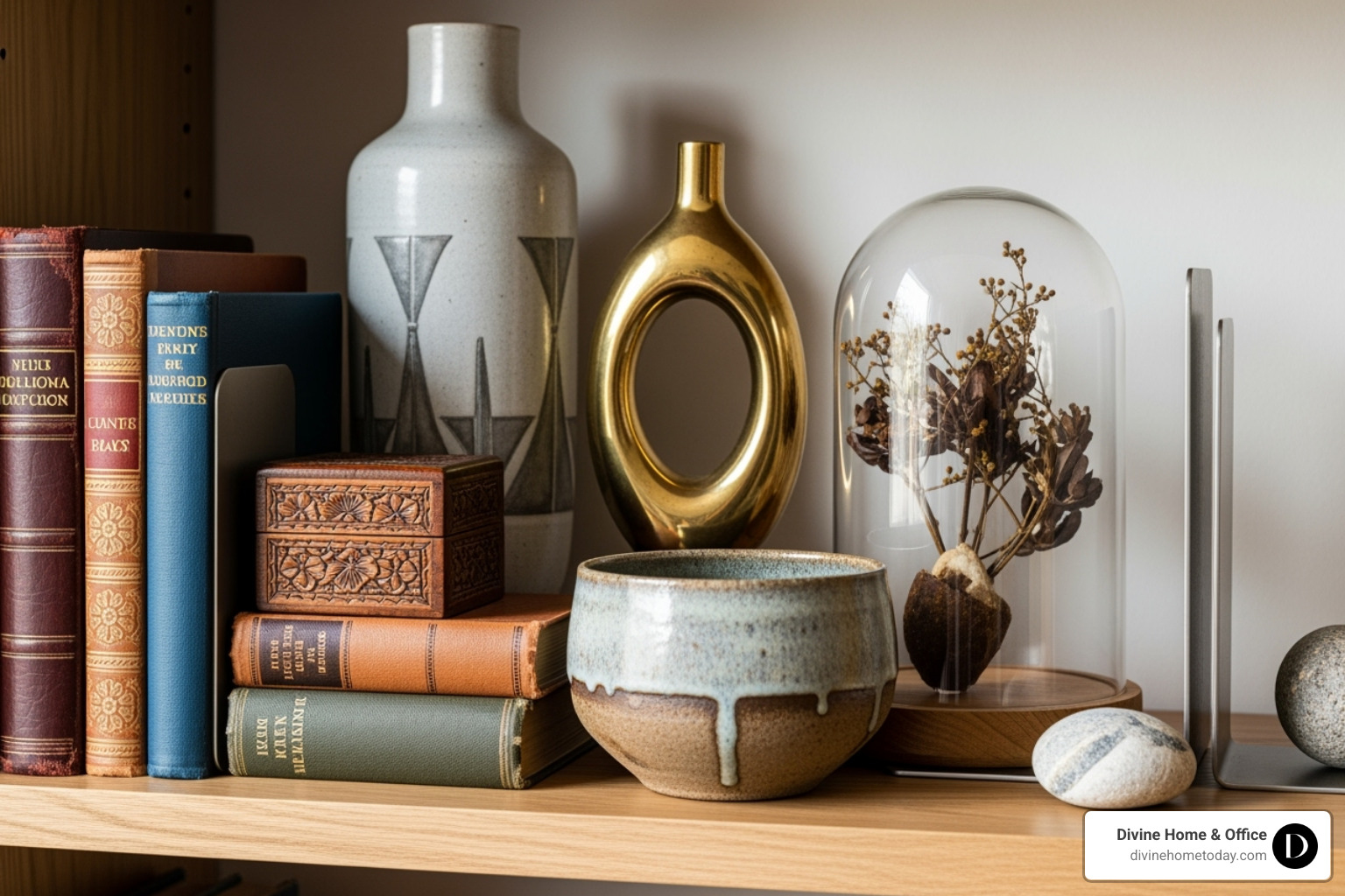 a close-up on a shelf showing varied textures and heights - Bookshelf styling tips