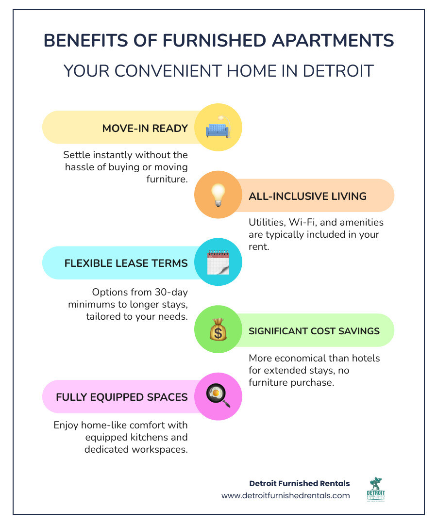 Detroit furnished apartment benefits infographic showing move-in ready convenience, all-inclusive utilities and amenities, flexible lease terms from 30 days to long-term, cost savings compared to hotels, fully equipped kitchens and workspaces, and proximity to major Detroit attractions and business districts - furnished apartments for rent in Detroit infographic infographic-line-5-steps-colors
