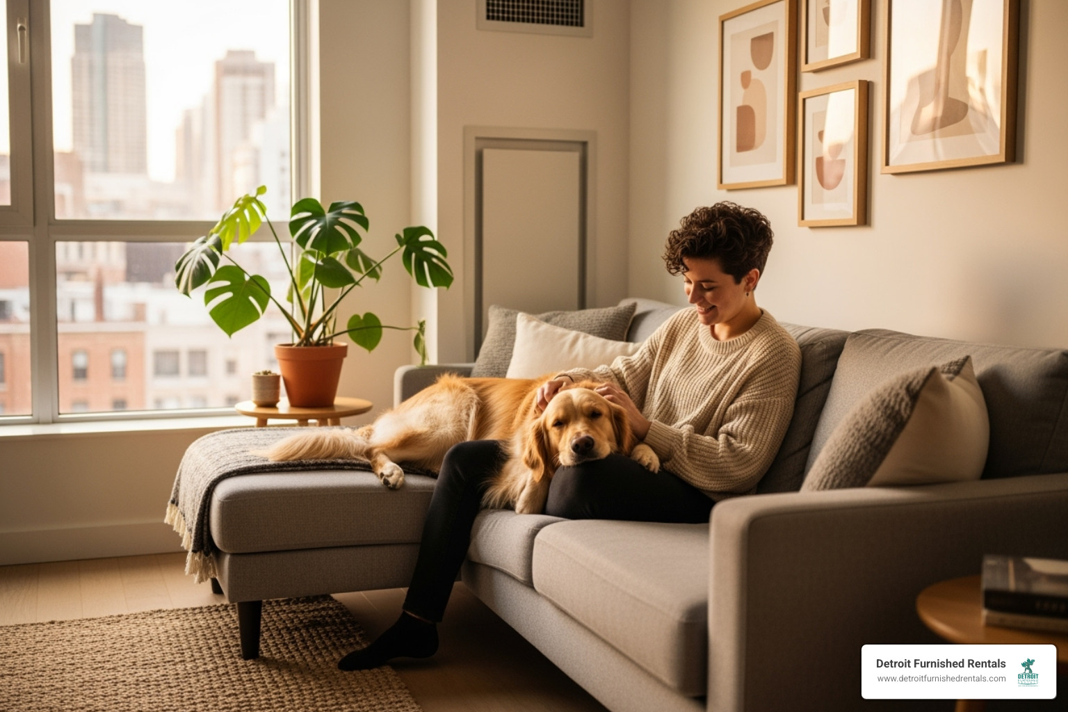 a happy person with their dog in a modern apartment - furnished apartments for rent in Detroit