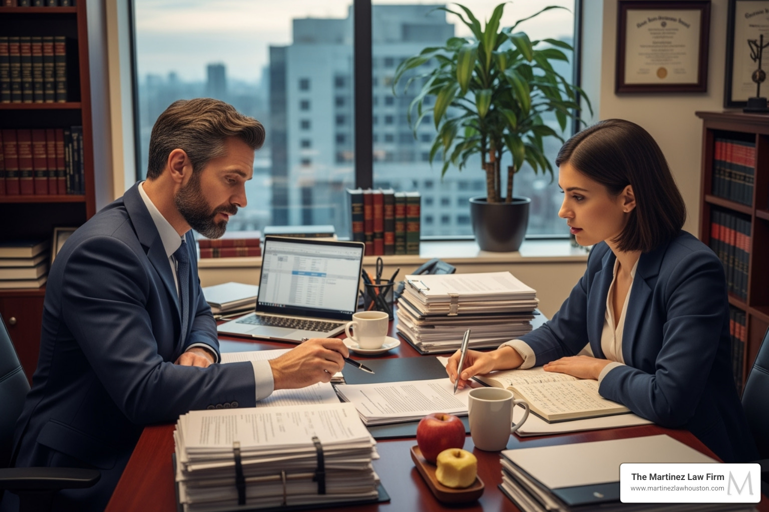 An attorney and client reviewing documents in an office, discussing legal strategy - houston dwi with property damage defense attorneys