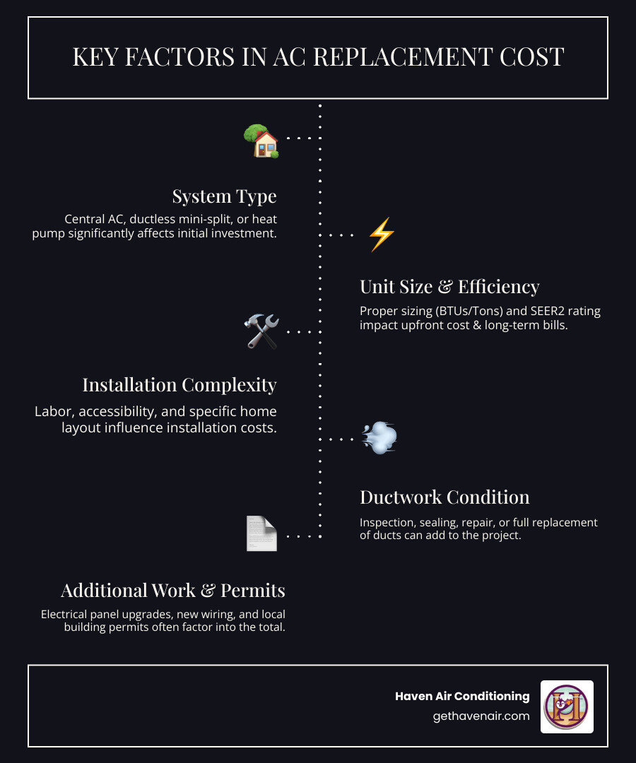 Infographic detailing the key factors influencing AC replacement costs, including system type, unit size, energy efficiency (SEER rating), installation complexity, and additional required modifications or services. - AC replacement cost infographic infographic-line-5-steps-dark Infographic detailing the key factors influencing AC replacement costs, including system type, unit size, energy efficiency (SEER rating), installation complexity, and additional required modifications or services. - AC replacement cost infographic infographic-line-5-steps-dark