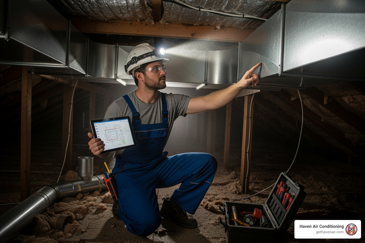 An HVAC technician inspecting ductwork in an attic - AC replacement cost An HVAC technician inspecting ductwork in an attic - AC replacement cost
