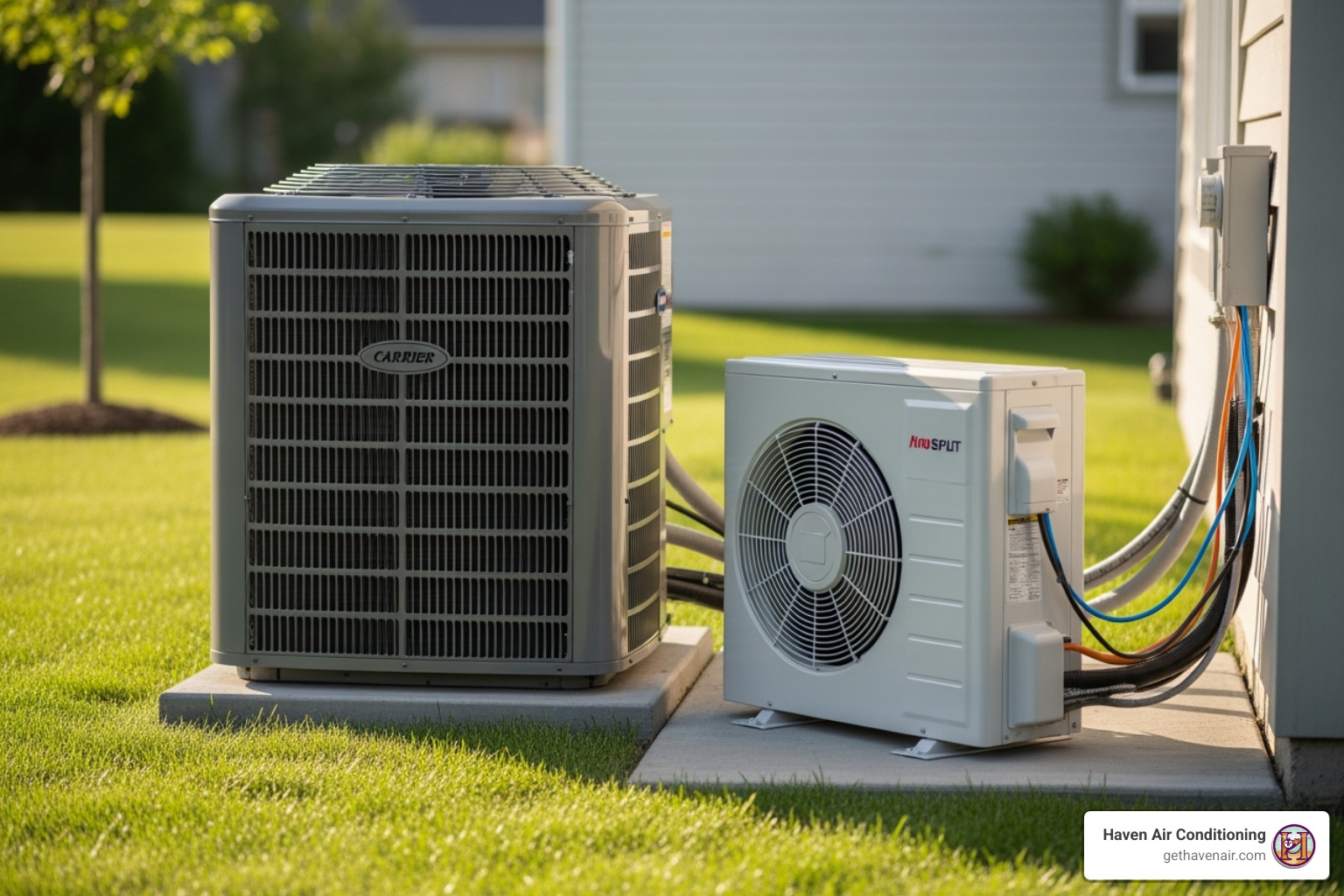 A modern central air conditioner unit and a ductless mini-split unit side-by-side - AC replacement cost A modern central air conditioner unit and a ductless mini-split unit side-by-side - AC replacement cost
