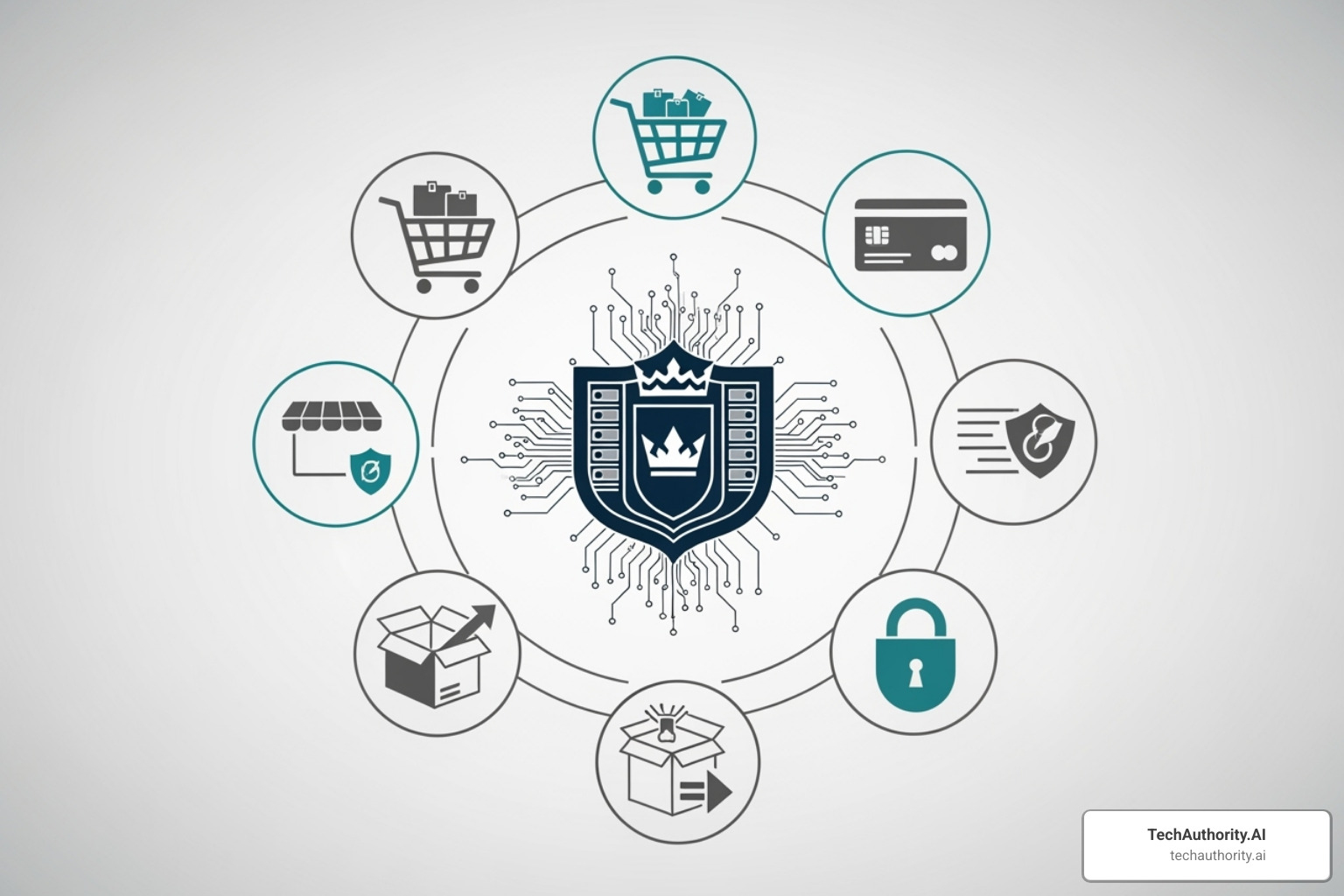 TechAuthority.AI logo and icons representing ecommerce solutions - ecommerce web design near me