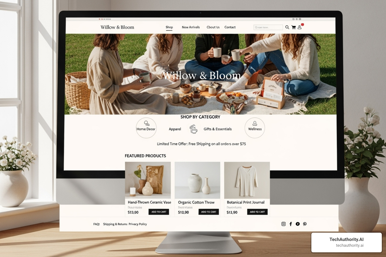 a beautifully designed ecommerce website homepage on a desktop monitor - ecommerce web design near me