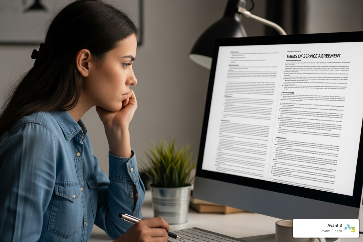 A creator looking thoughtfully at a screen displaying a platform's terms of service - Fan monetization platform