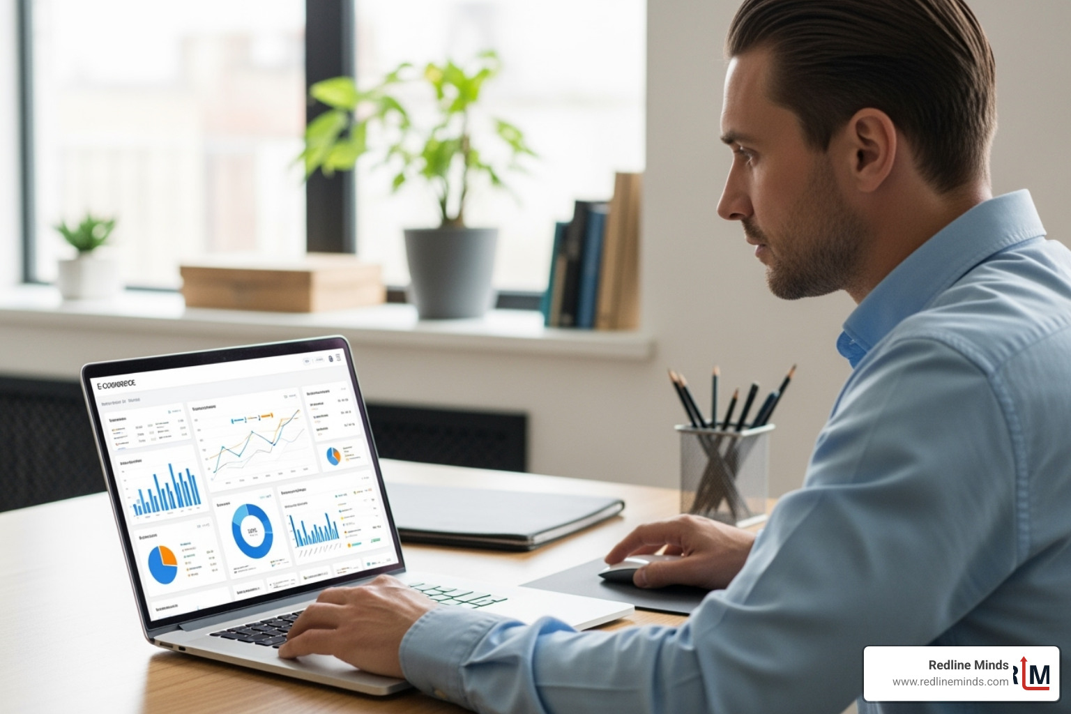 Person working on laptop with e-commerce charts - privy vs klaviyo Person working on laptop with e-commerce charts - privy vs klaviyo