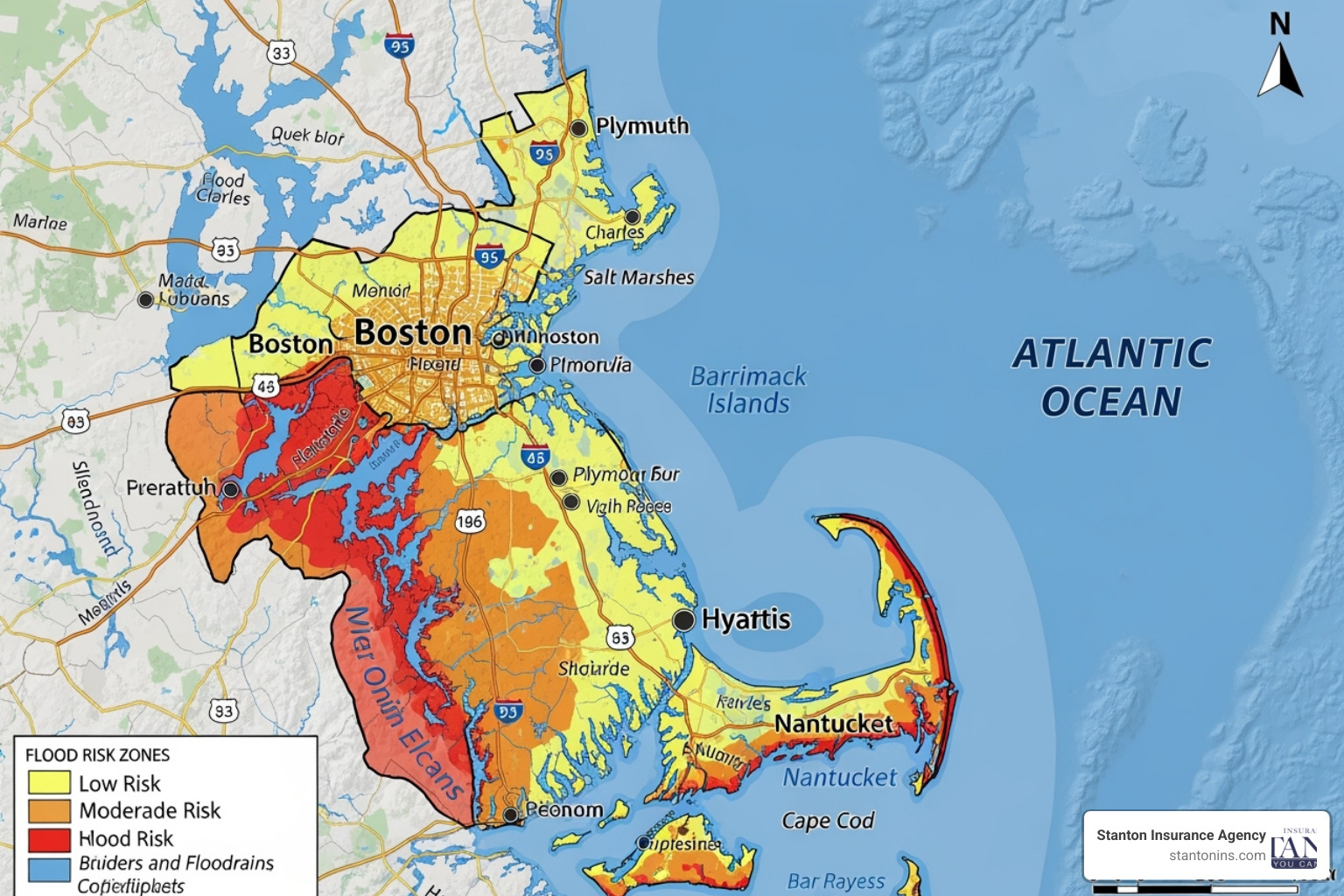 map showing a coastal flood risk area in Massachusetts - insurance cost for apartment building