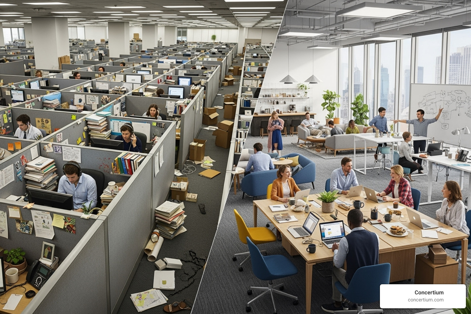 image of a chaotic, siloed office vs. a streamlined, integrated one - grc governance
