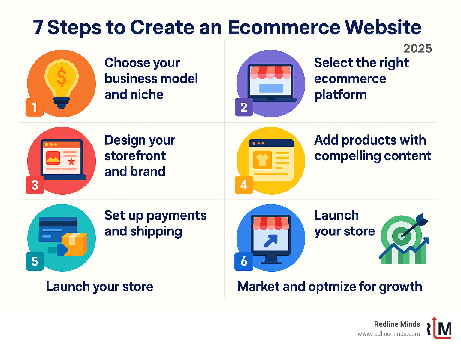 Comprehensive infographic showing the 7 essential steps to build an ecommerce website: 1. Choose your business model and niche, 2. Select the right ecommerce platform, 3. Design your storefront and brand, 4. Add products with compelling content, 5. Set up payments and shipping, 6. Launch your store, 7. Market and optimize for growth - create ecommerce website infographic 