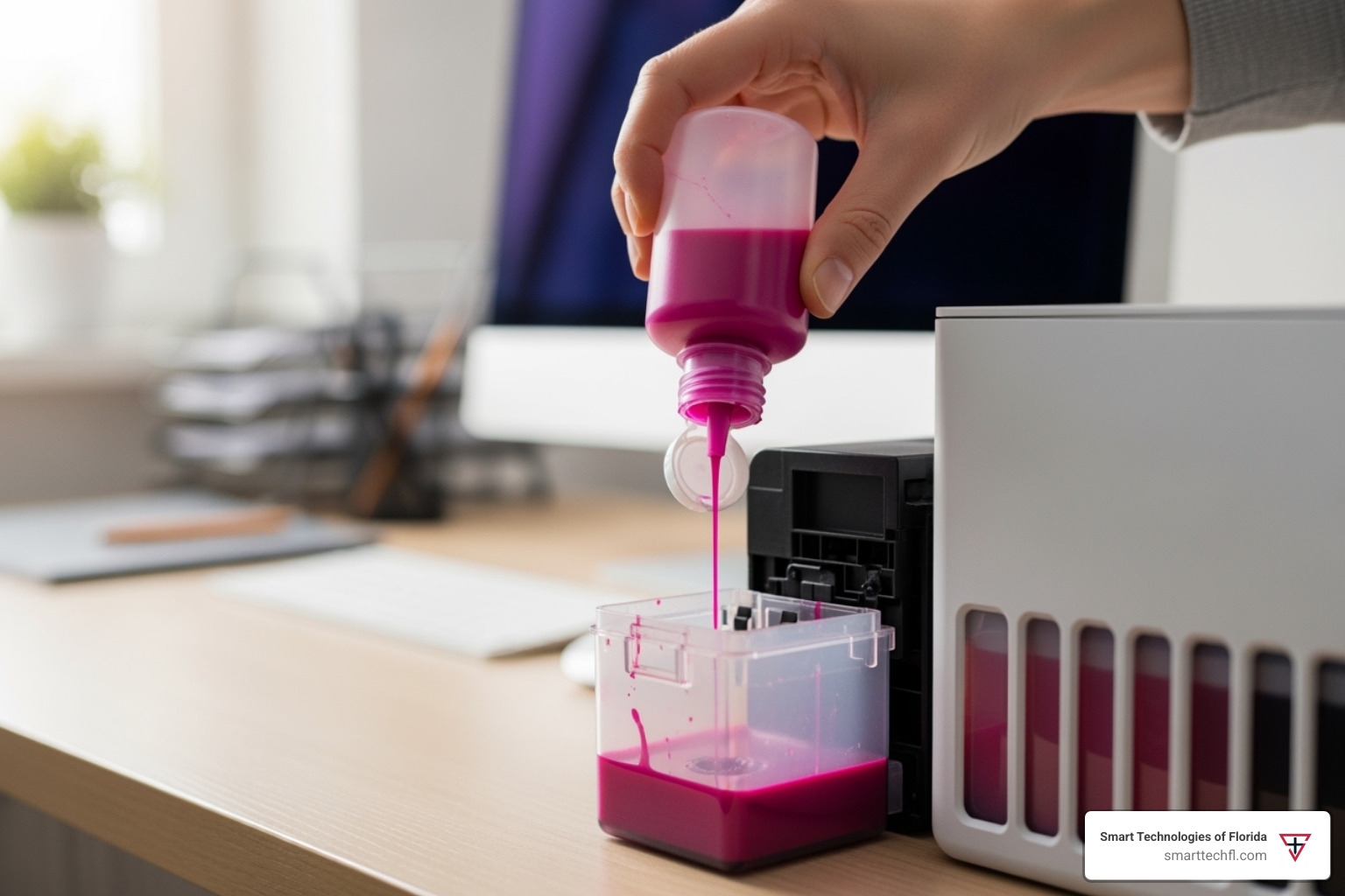 user easily refilling an ink tank printer from a bottle - printer with cheap ink refills