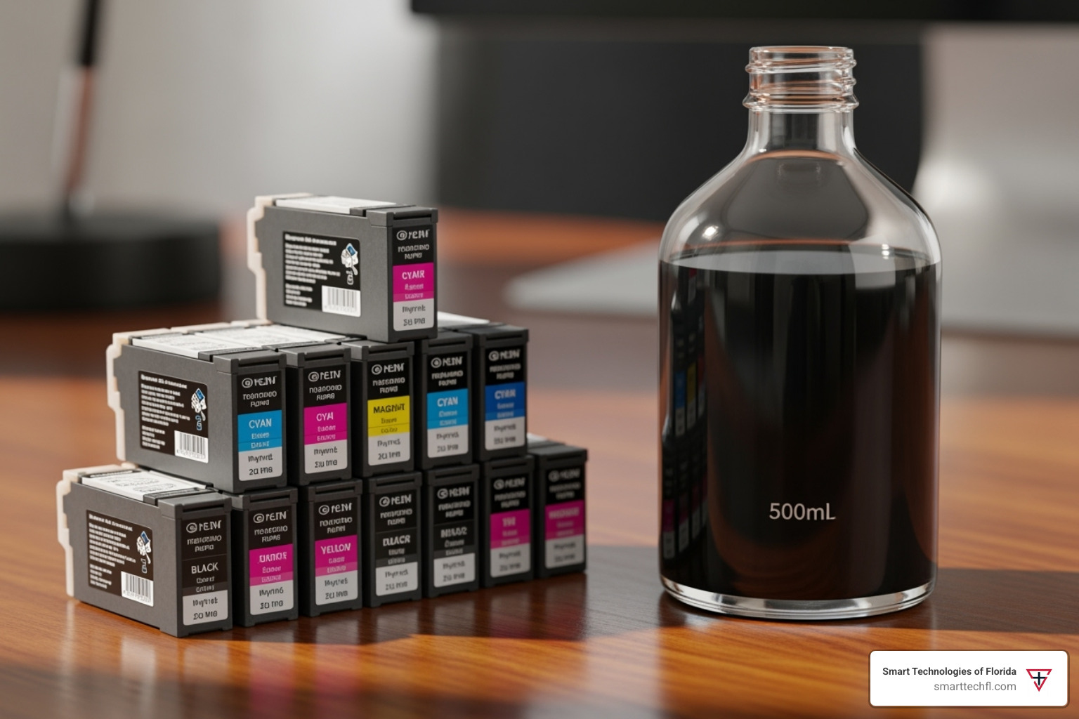 stack of expensive cartridges compared to a single high-yield ink bottle, with page counts displayed for each - printer with cheap ink refills