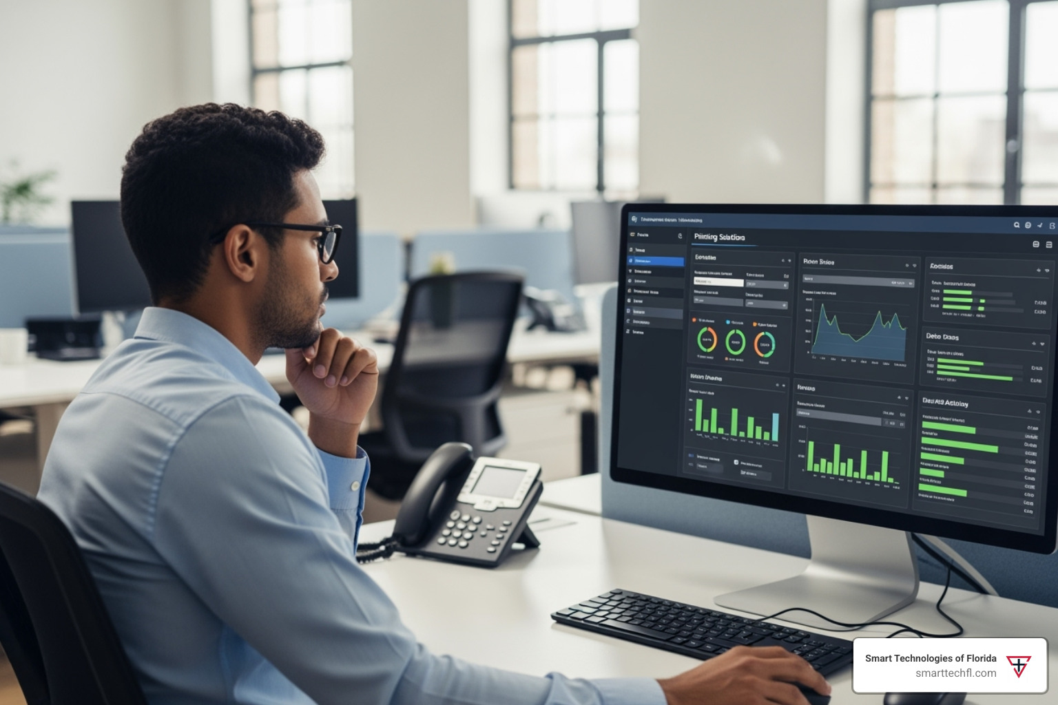 IT manager evaluating printing solutions on a dashboard - mobile printing options