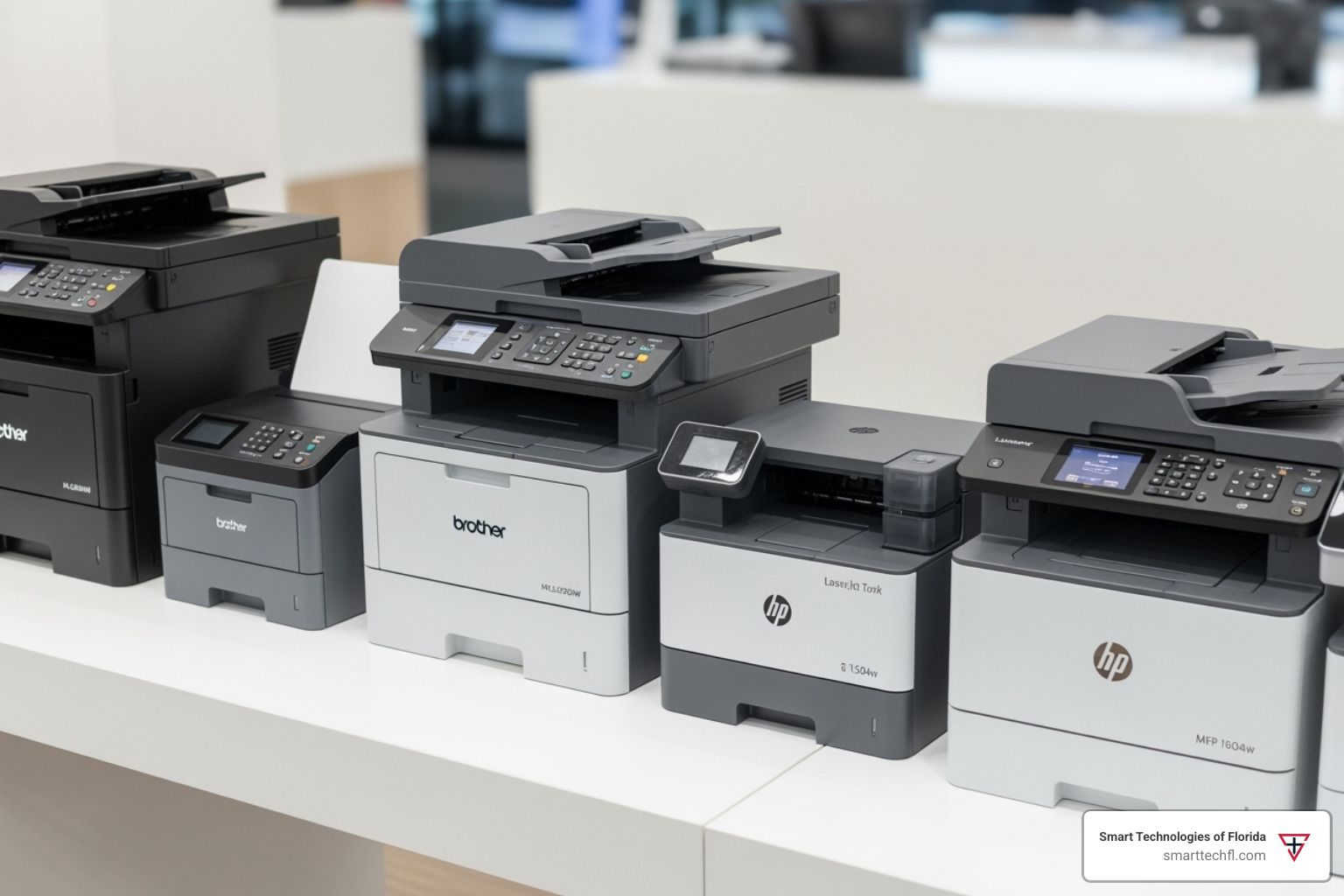 A lineup of Brother and HP LaserJet Tank printers, showcasing various models ready for action - best laser printers for refilling