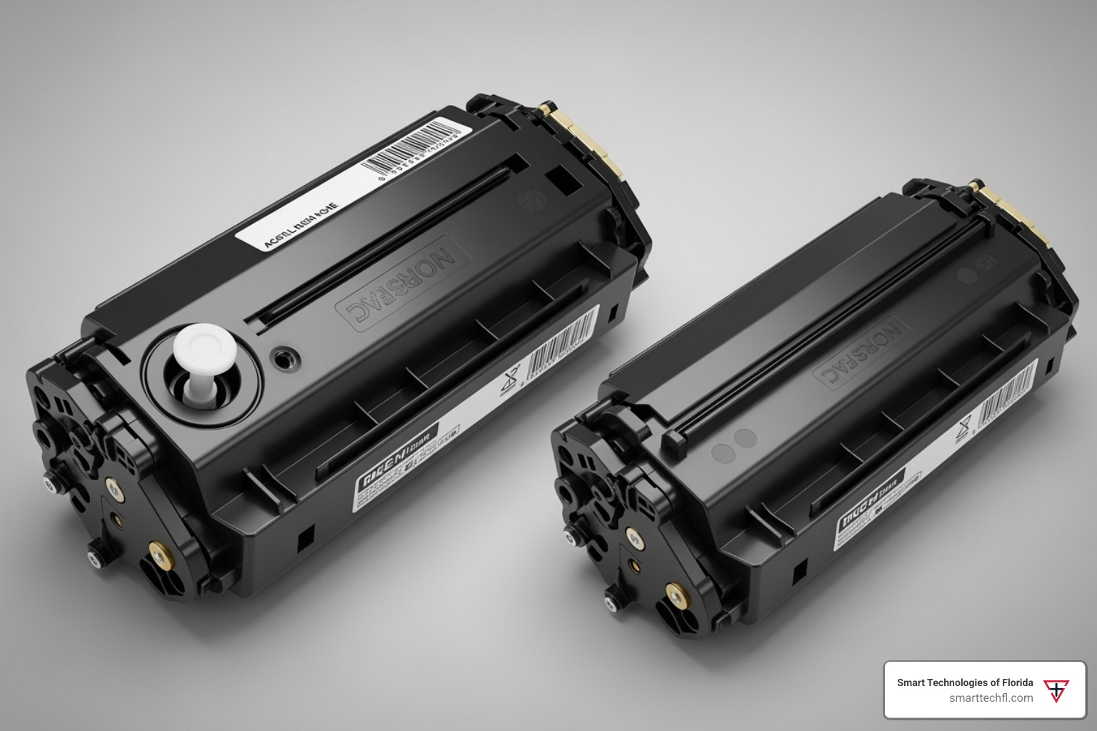 Toner cartridge showing a clear refill hole vs. a sealed cartridge - best laser printers for refilling