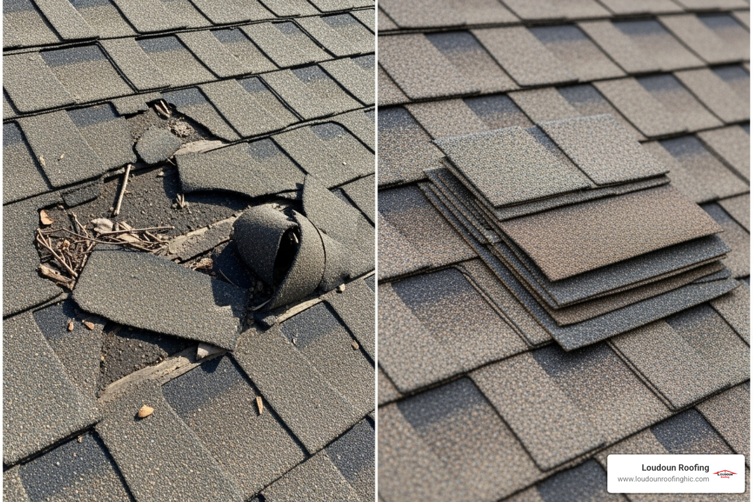 curling, damaged asphalt shingles next to a photo of a small, isolated patch repair - roof replacement contractors near me
