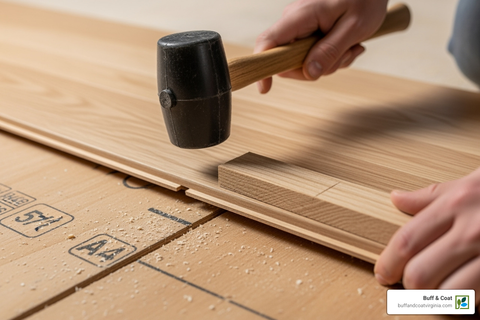 a new board being tapped into place with a rubber mallet and a scrap block - tongue and groove repair a new board being tapped into place with a rubber mallet and a scrap block - tongue and groove repair