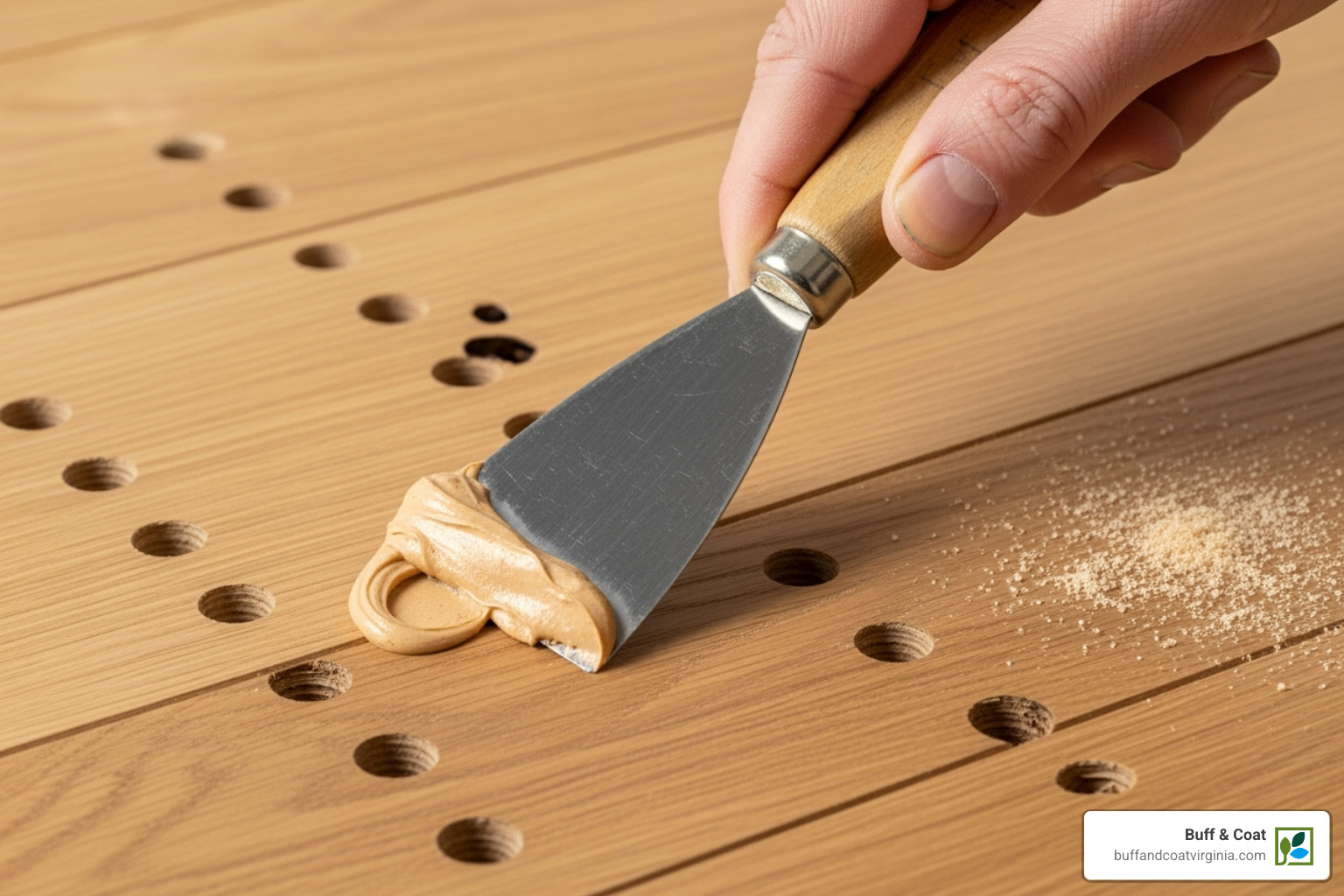 a hand applying wood filler to nail holes on the new board - tongue and groove repair a hand applying wood filler to nail holes on the new board - tongue and groove repair
