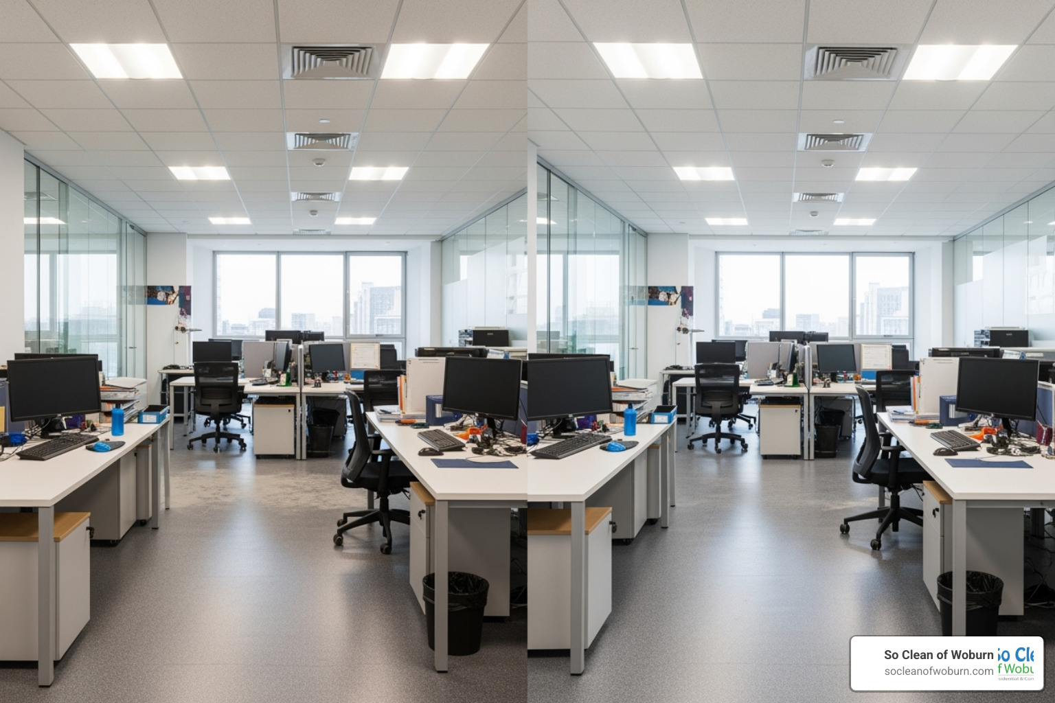 A split-screen image showing a dirty, cluttered office on one side and a clean, organized office on the other, to visually represent the difference between before and after a deep clean. A split-screen image showing a dirty, cluttered office on one side and a clean, organized office on the other, to visually represent the difference between before and after a deep clean.