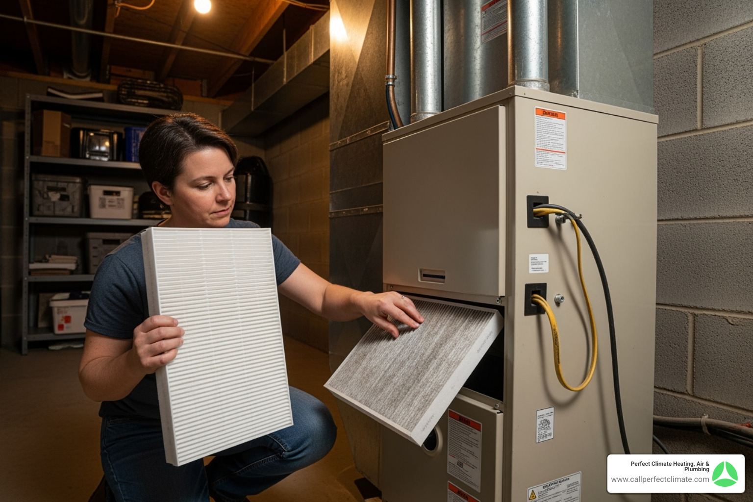 homeowner replacing a furnace filter - heating system maintenance