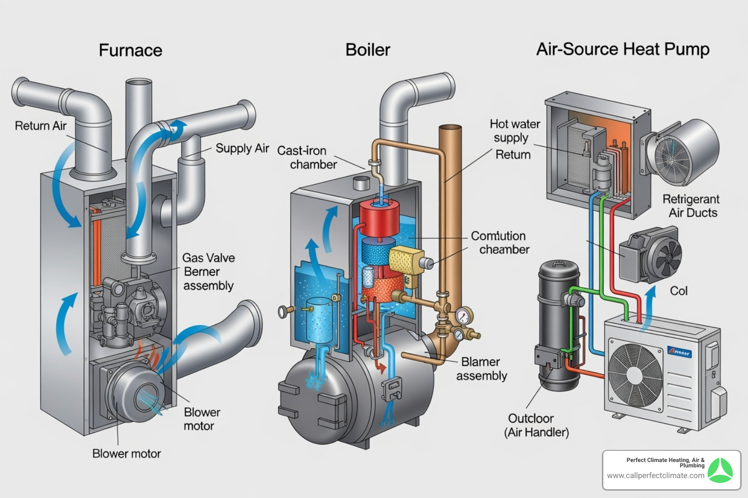 diagrams of a furnace, boiler, and heat pump - heating system maintenance