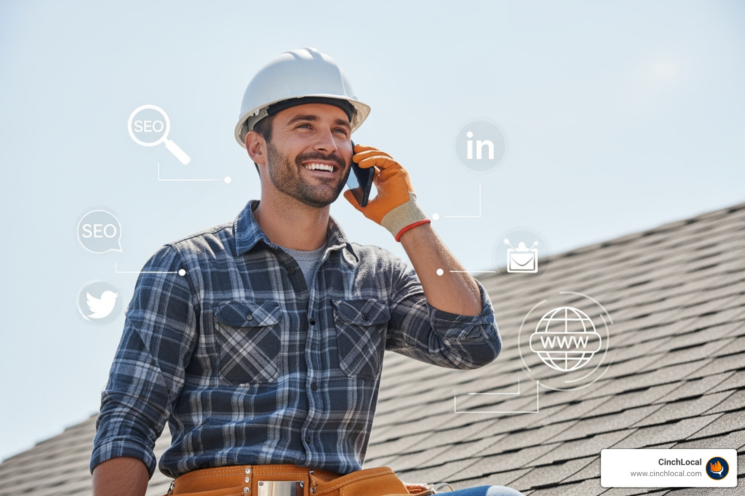 Roofer on a call with a happy customer, digital marketing icons in the background. - local roofing seo services