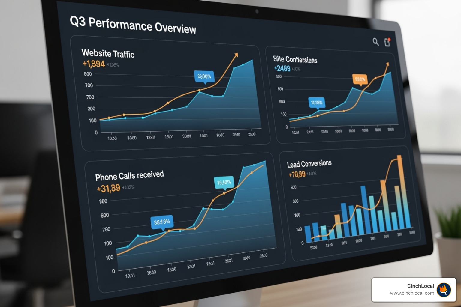 Dashboard showing positive trends in website traffic, calls, and leads. - local roofing seo services