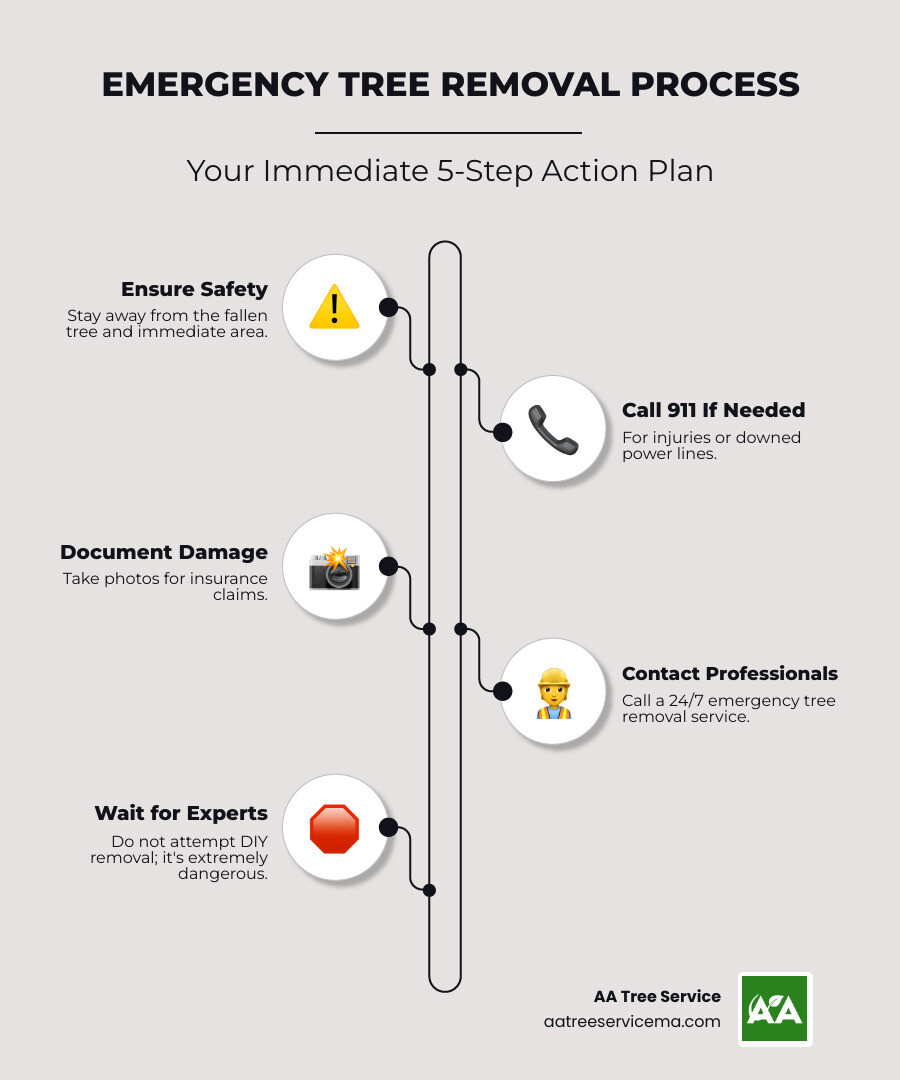 Infographic showing emergency tree removal process: Step 1 - Ensure Safety (stay away from fallen trees), Step 2 - Call 911 if needed (for injuries or power lines), Step 3 - Document Damage (take photos for insurance), Step 4 - Call Professional Service (24/7 emergency response), Step 5 - Wait for Experts (do not attempt DIY removal) - emergency tree removal services infographic infographic-line-5-steps-neat_beige