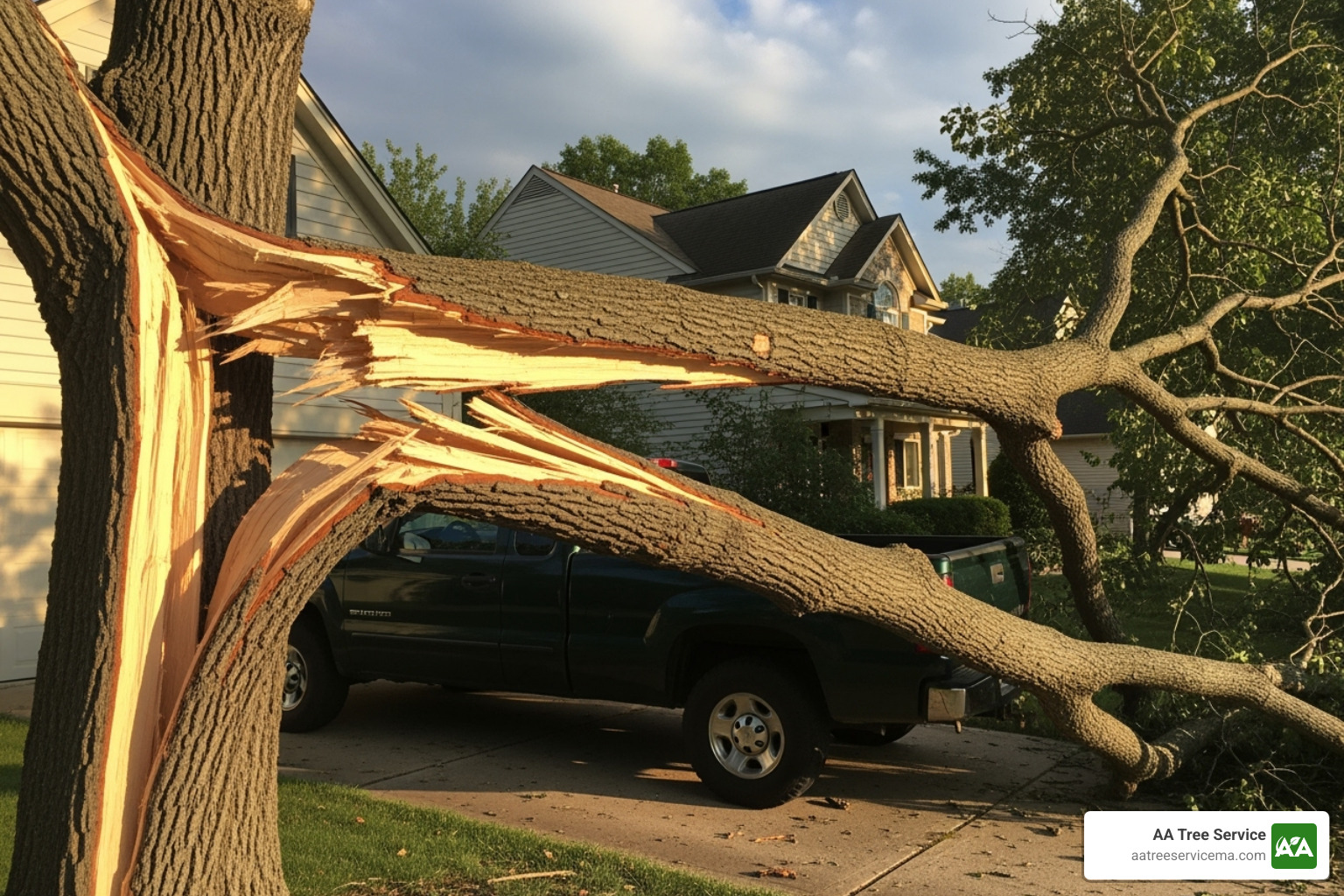 A large tree branch split and hanging precariously over a driveway - emergency tree removal service