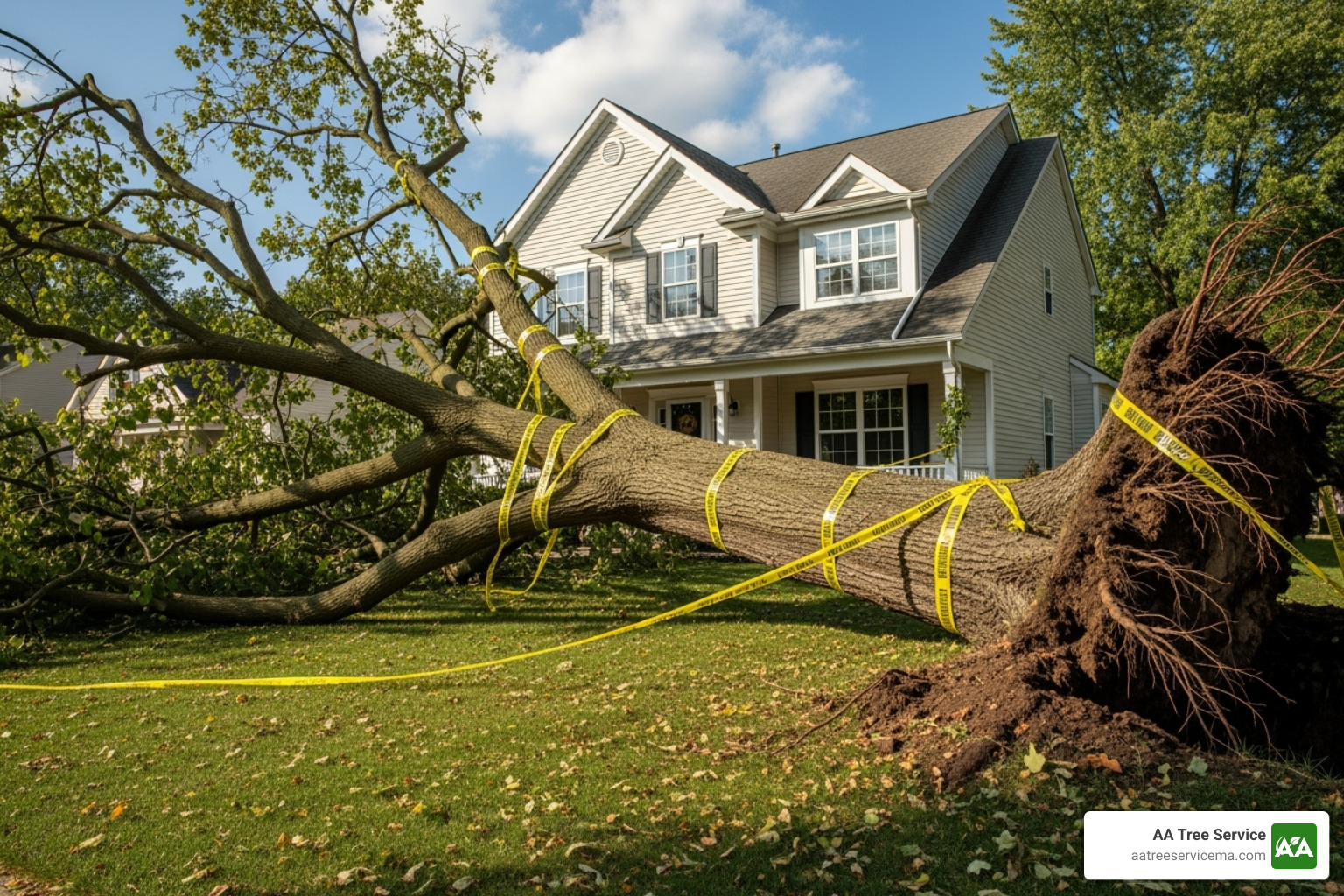 Yellow caution tape around a fallen tree near a house - emergency tree removal service