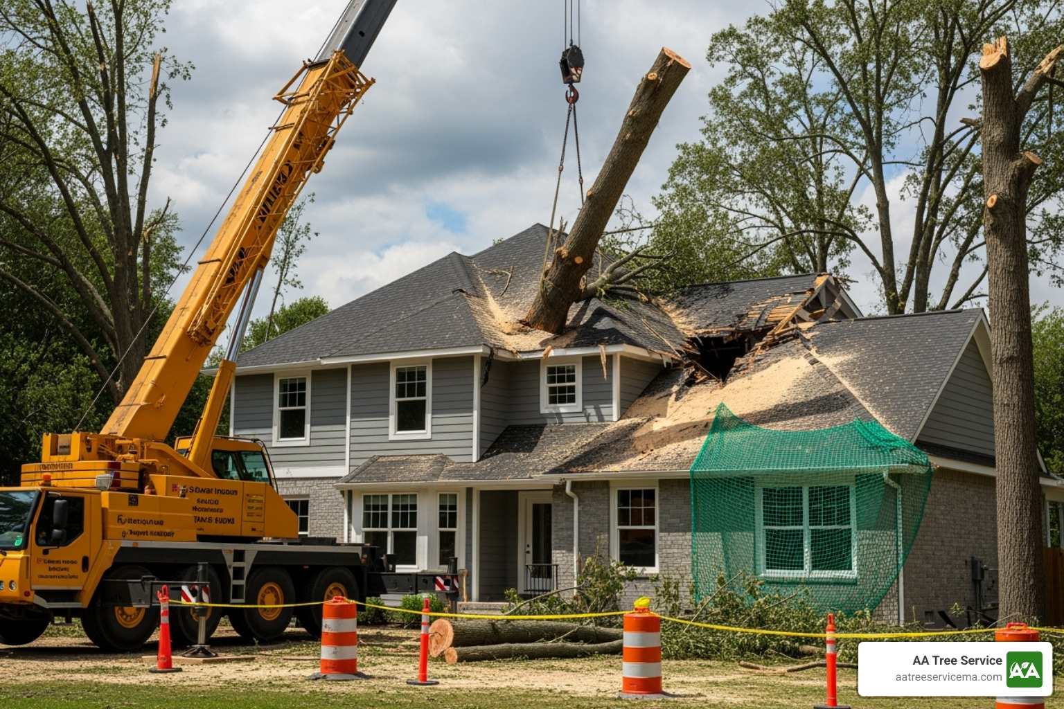 A professional crew using a crane to safely lift a tree section off a roof - emergency tree removal service