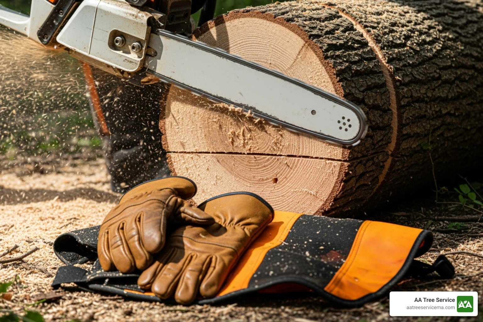 A tree professional in full safety gear operating a chainsaw - emergency tree removal service