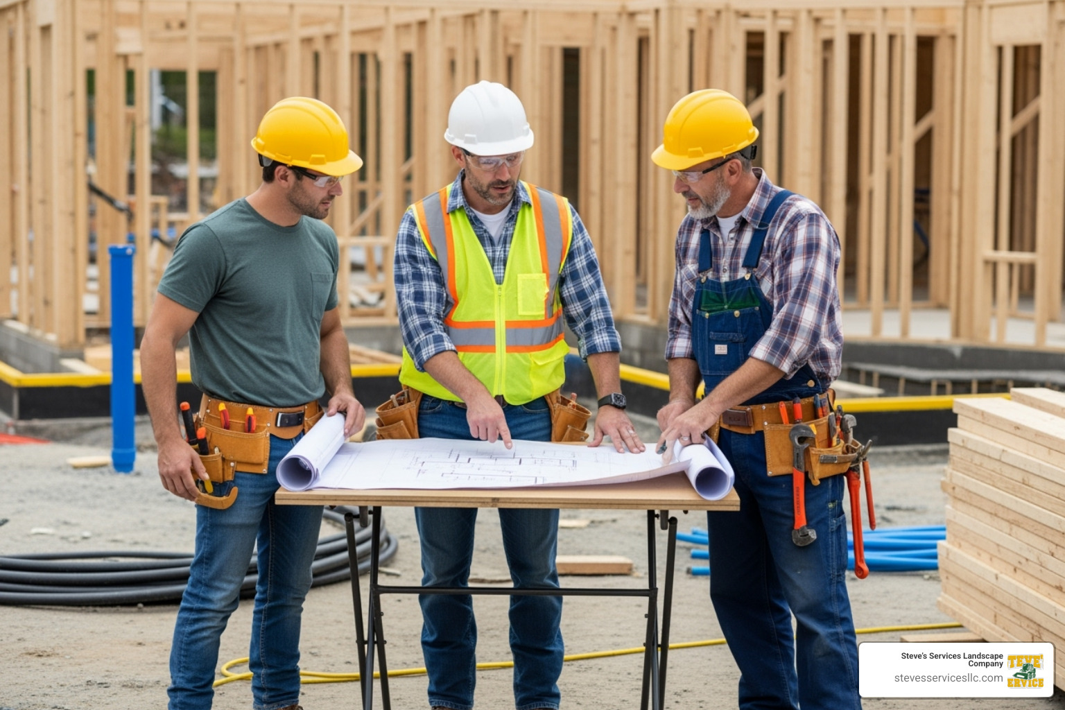 A general contractor coordinating with an electrician and a plumber on a job site, pointing to blueprints and discussing the next steps. - general contractors for home remodeling