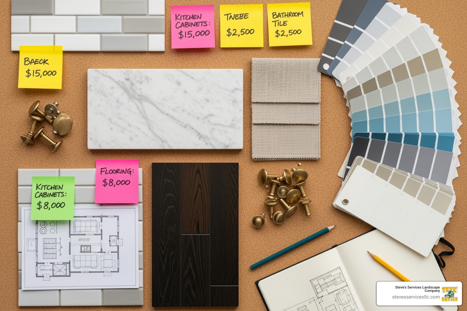 A design mood board with material samples, color swatches, and cost estimates written on sticky notes, representing a home remodeling budget. - general contractors for home remodeling